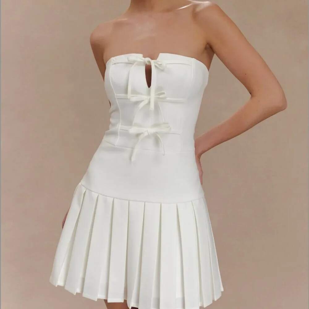 MESHKI Naya Strapless Bow-Front Bridal Mini Dress Ivory White Size S